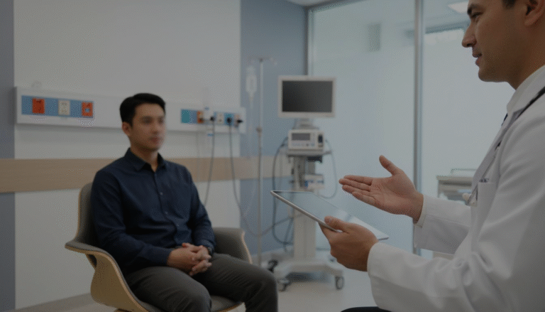 Medic vorbind calm cu un pacient într-o clinică privată, înainte de începerea tratamentului pentru alcoolism